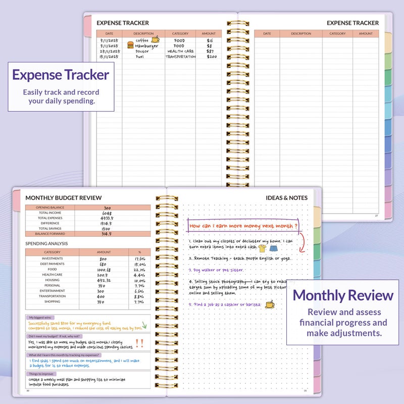 ساني مخطط ميزانية SUNEE - كتاب الميزانية الشهرية مع دفتر تعقب النفقات، منظم فاتورة غير مؤرخ لمدة 12 شهرًا ومخطط مالي لإدارة أموالك، دفتر حساب A5 (6.4 بوصة × 8.3 بوصة) مع علامة تبويب ملونة، أرجواني - Image 4
